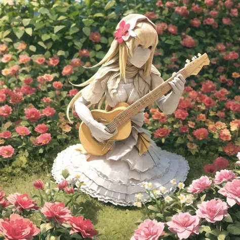 materpiece, best quality, ultra-detailed, made of paper, a beautiful origami girl playing guitar, long hair, blonde hair, beautiful face, full body, (in a garden:1.2), colourful flowers, , <lora:origamiV2-000012:0.8>