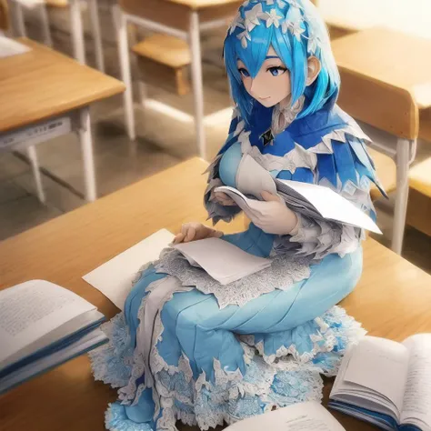 materpiece, best quality, ultra-detailed, made of paper, a beautiful origami girl reading a book,sitting, curvy hair, blue hair, beautiful face, full body, (in a classroom:1.2), colourful flowers, <lora:origamiV2-000012:0.8>