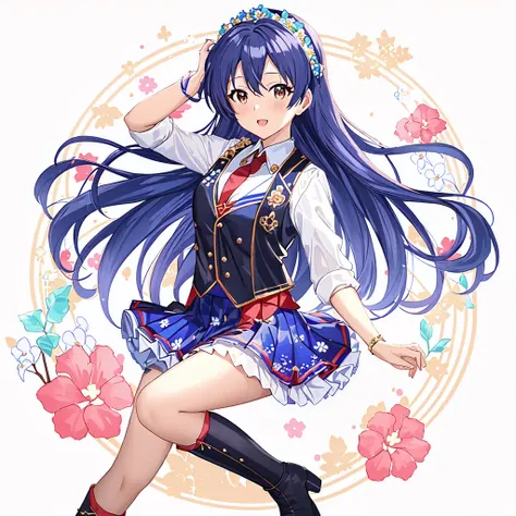 kisaragi chihaya, solo, 1girl, [white background, blue triangle background:((musical notation)) vector background:0.2], anime, idolmaster, singing, long blue hair, brown eyes, idol, floral outfit, knee length skirt, long blue skirt, white shirt, black waistcoat, black vest, red necktie, black boots