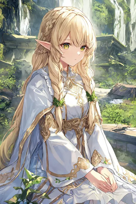 upper body close-up, druid female elf, multiple stitched layer cloth armor, white silk cloak, intricate floral pattern, long dark blonde hair, waterfall braid hairstyle, detailed face and eyes, young woman, forest lake with ruins background, volumetric light, god rays, long elf ears, green and white silk outfit, wooden accessories