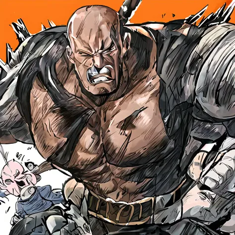 bulky bald outlaw, raider, agressive expression, hokuto no ken outlaw, already dead, swelling body, mohawk hairstyle, wasteland background, old style manga
