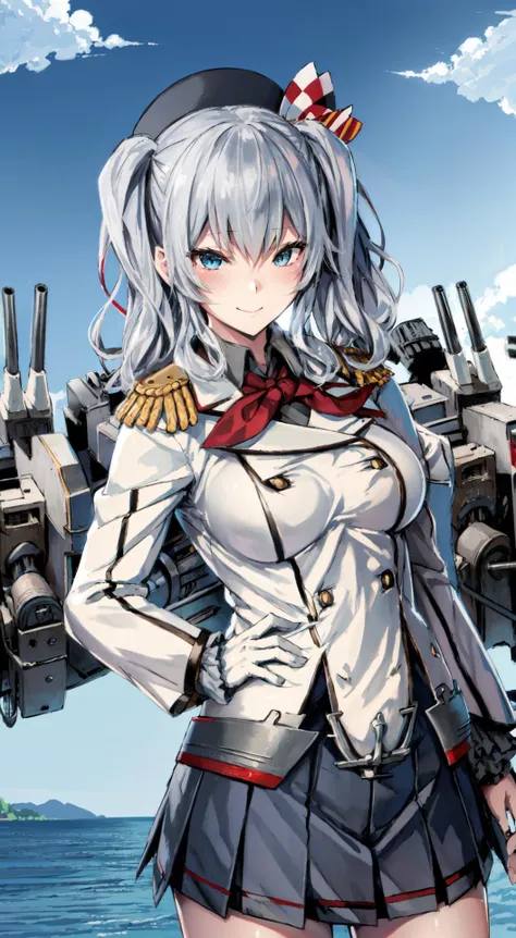1girl, solo, masterpiece, best quality, standing, blue sky, ocean, ready for battle, serious, <lora:4BMix2: 1> <lora:[Fix]hipoly3DModelLora_v10:0.3>  <lora:[Fix]beautifulDetailedEyes_v10:0.3> ,  smile, KashimaRIG, kashima \(kancolle\),  grey hair, blue eyes, wavy hair, twin tails, tsurime, beret, epaulettes, frilled sleeves,  jacket, large breasts, long sleeves, military, military uniform, miniskirt, pleated skirt, red neckerchief, tsurime, white gloves, anchor, rigging, turret, gun, machinery, canon