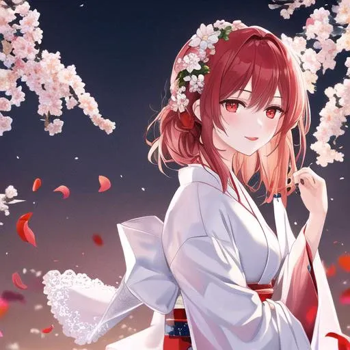 {best quality}, {{masterpiece}}, {highres}, original, extremely detailed 8K wallpaper, 1girl, {an extremely delicate and beautiful},red hair,white flower headwear,white kimono,( big red flower behind clothes:1.2), updo hair,twin slut strands,1girl, night, flower tree in background,lipstick, red eye,red petals in air,lace clothes,medium breasts, ray tracing,perfect light,side pose,light smile, (looking to the side:1.3), 20-year-old