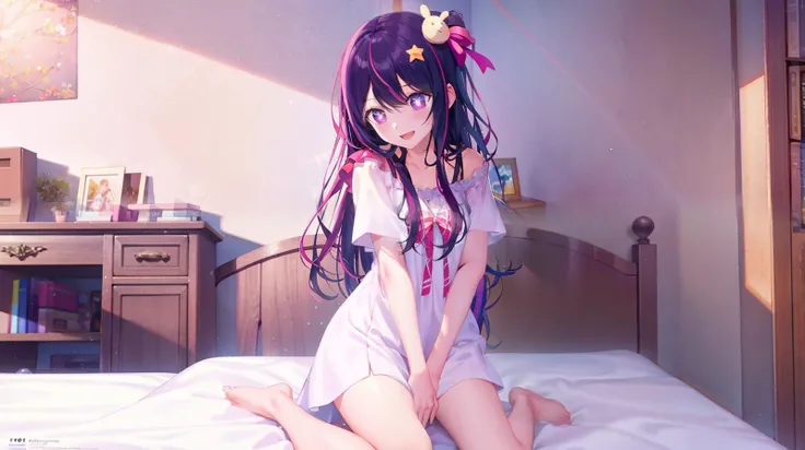 Hoshino Ai, long hair, purple hair, streaked hair ,purple eyes, (star-shaped pupils), hair ornament, <lora:HoshinoAi_v9-000007:1> ,1girl, (masterpiece:1,2), best quality, masterpiece, highres, original, extremely detailed wallpaper, perfect lighting,(extremely detailed CG:1.2),half_body,(happy), smile, indoors, bedroom, medium shot,22-year-old,(Correct perspective relationship),five-toes-feet,(feet details:0.9),