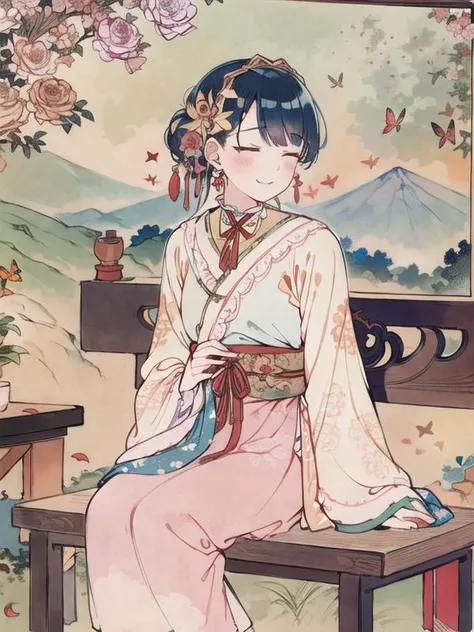 (((masterpiece))),(((best quality))),((ultra-detailed)),(illustration),((an extremely delicate and beautiful)),1girl,solo,sleeping,dreaming,peonies,fragrant,red,petals,butterflies,bees,stone bench,mountain,isolated,tranquil,serene,peaceful,fragrance,disheveled hair,crimson robe,fan,scattered,sunlight,golden,drowsy,laughter,gentle,wake,laughter,companionship,joy,carefree,contentment,<lora:xrs2.0:1>,