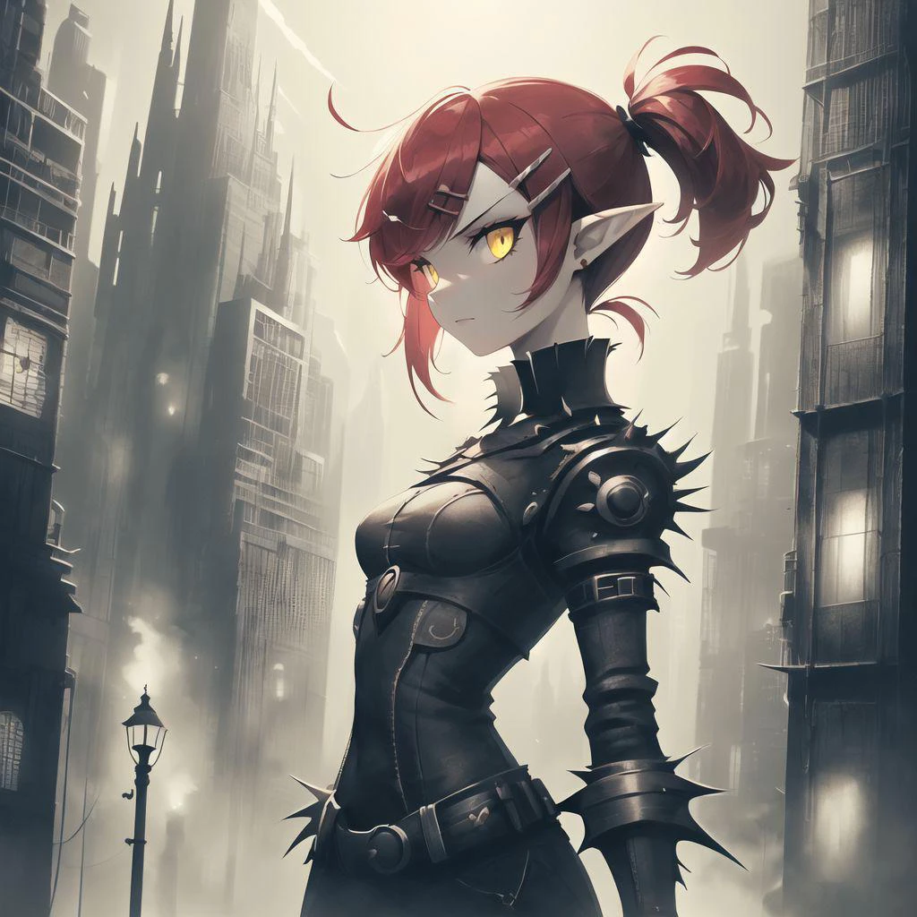 best quality,flat vector art , illustration , cowboy shot, standing in a scifi city,
1girl,perfect face ,sidelocks, pixie cut,short low ponytail, pointy ears, yellow eyes, red hair, medium breasts, hairclip, <lora:ChronoTempStyle-20:0.3>
<lora:Navi_FrankensteinTech_SD_L:0.8> nv_frankensteintech, ,scifi,  steampunk,  ominous , greyscale,