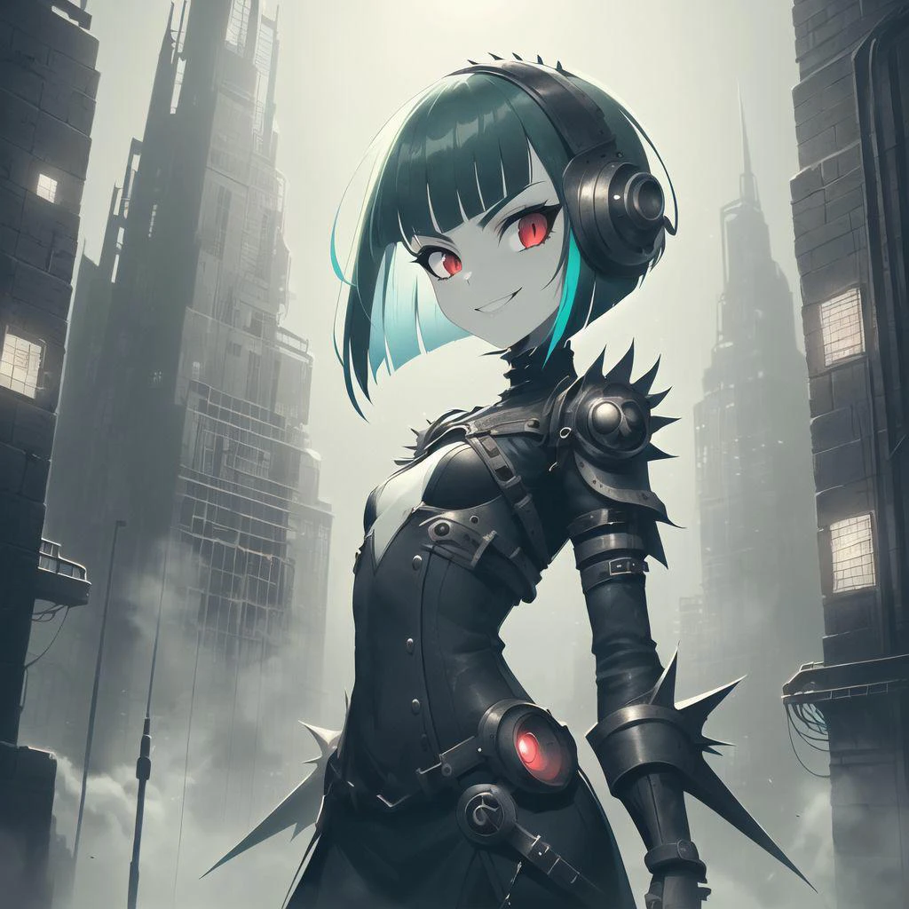 best quality,flat vector art , illustration , cowboy shot, standing in a scifi city,
1girl,perfect face , bob cut, red eyes, green hair, small breasts, multicolored hair, aqua hair, seductive smile, <lora:ChronoTempStyle-20:0.3>
<lora:Navi_FrankensteinTech_SD_L:0.8> nv_frankensteintech, ,scifi, steampunk, ominous , greyscale,