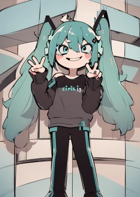<lora:Hgas:1> hgas, solo, 1girl, hatsune miku, full body, smiling, backdrop, posing, peace sign, leaning, masterpiece, best quality