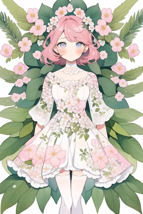 watercolor, masterpiece, best quality, extremely detailed, 1girl, full body, beautiful detailed eyes, cute anime face, full body, beautiful detailed face, pink hair, (Botanical illustration:1.5), white dress, white legwear