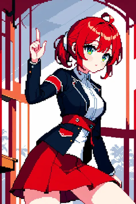 1girl, pixel art, red hair, skirt, Depth of field, hdr, cinematic shadows, limited palette, [(gradient background:1.2)::0.2], (border background:1.2), newest, highres, illustration, incredibly absurdres, ultra detailed, masterpiece, best quality,  <lora:PixelSdxlV1:1>