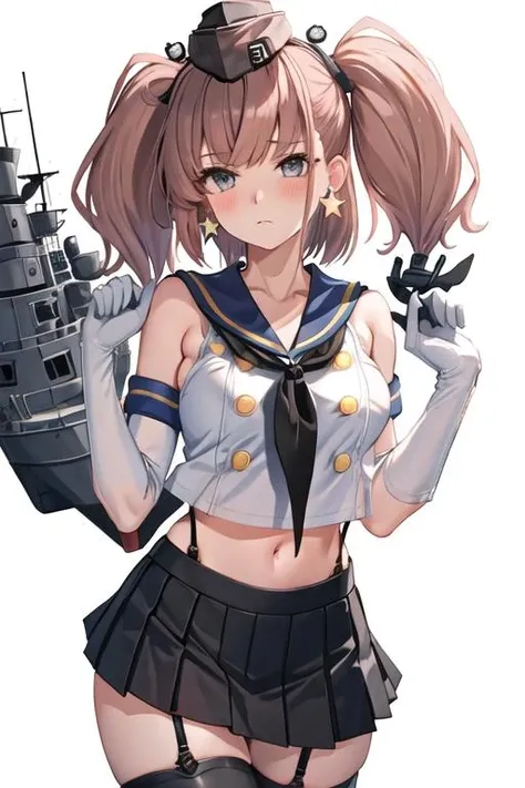best quality, masterpiece, highres, solo, {atlanta_kantaicollection:1.15}, long_hair, brown_hair, two_side_up, star_\(symbol\), grey_eyes, jewelry, breasts, earrings, star_earrings, large_breasts, hat, blush, black_headwear, garrison_cap, single_earring, suspenders, hair_ornament, anchor_hair_ornament, 1girl, black_neckerchief, cosplay, crop_top, elbow_gloves, gloves, hairband, neckerchief, sailor_collar, school_uniform, serafuku, shimakaze_\(kancolle\)_\(cosplay\), simple_background, white_background, white_gloves, black_hairband, black_panties, blue_skirt, highleg, highleg_panties, panties, skirt, striped, underwear, looking_at_viewer, navel, striped_thighhighs, thighhighs, :<, blue_sailor_collar, upper_body