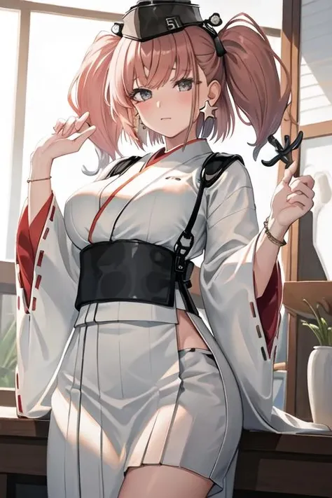 best quality, masterpiece, highres, solo, {yukata:1.40}, {kimono:1.20}, {atlanta_kantaicollection:1.15}, long_hair, brown_hair, two_side_up, star_\(symbol\), grey_eyes, jewelry, breasts, earrings, star_earrings, large_breasts, hat, blush, black_headwear, garrison_cap, single_earring, suspenders, hair_ornament, anchor_hair_ornament