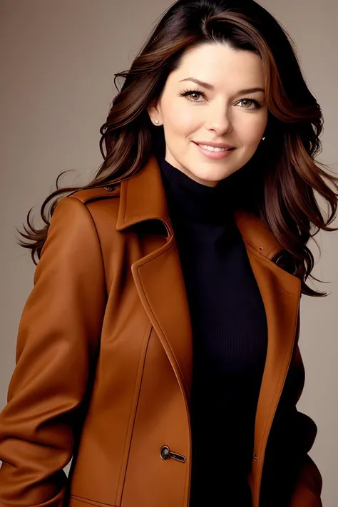 photo of (shtw41n:0.99), a woman, RAW, close portrait photo, long brown coat, turtleneck, long haircut, slim body, (high detailed skin:1.2), 8k uhd, dslr, soft lighting, high quality, film grain, Fujifilm XT3 sharp focus, f 5.6, (extremely sexy), (tight clothes)