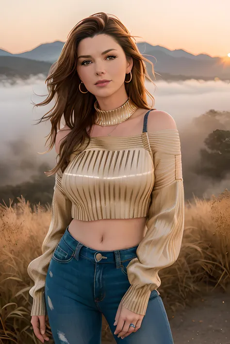 photo of (shtw41n:0.99), a woman as a sexy TikTok influencer, (standing in a field),(wearing tight jeans), ((cropped shoulderfree sweater:1.4)) , modelshoot style, (extremely detailed CG unity 8k wallpaper), large breasts, photo of the most beautiful artwork in the world, professional majestic (photography by Steve McCurry), 8k uhd, dslr, soft lighting, high quality, film grain, Fujifilm XT3 sharp focus, f 5.6, High Detail, Sharp focus, dramatic, ((mountains in the background)), (golden hour:1.2),( sunset:1.2), (dusk:1.2),(back to viewer:1.2), (looking back to camera:1.3), (detailed pupils:1.3), (natural light), (closeup:1.2), (seductive), (fog:1.3), foggy