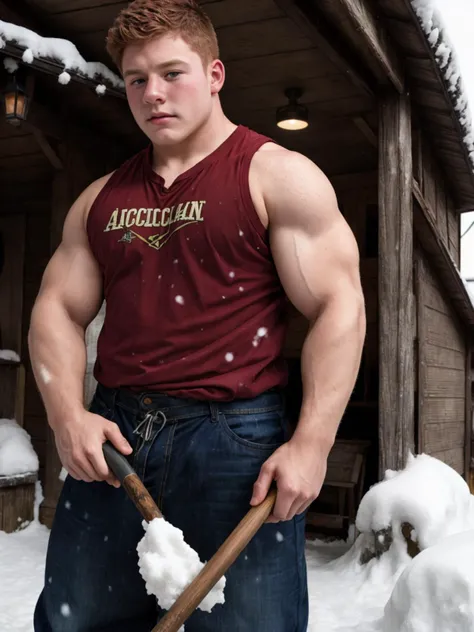 Solo focus, Candid photo of a bully Appalachian 20yo redneck dg_Dale boy, short dark red hair, photorealistic, hyperdetailed, <lora:dg_Dale_v1:0.8>, shoveling snow, sharp focus, t-shirt, pants,