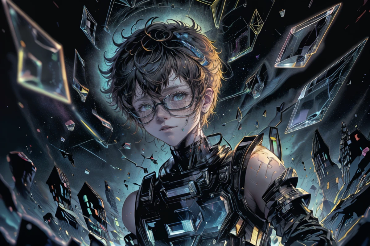 (masterpiece:1) (best-quality:1) high-contrast strong-shadows outlines <lora:graphicNovelStyle_v10:0.2> <lora:realistic:0.3> <lora:sharpen-soften:-0.3> <lora:GoodHands-beta2:0.8> <lora:dg_Finn_v1:1> dg_Finn BREAK Style-GravityMagic solo half-shot looking-away detailed-background detailed-face ( <lora:GlassTech-20:0.8> glasstech glass-theme:1.1)-star-walker star-sign dynamic-pose calm aries esoteric-symbolism interstellar-energy cosmic-light symmetry stardust cosmic-space-background surreal-ethereal-atmosphere
