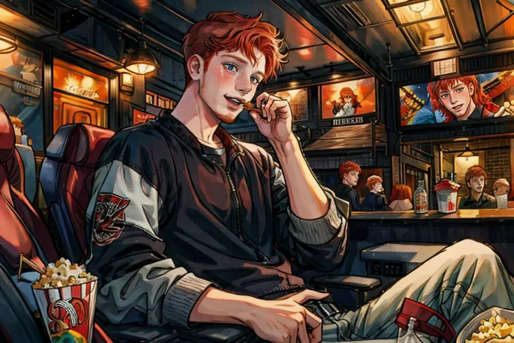 Candid photo of a timid 18yo redneck dg_Finn boy, ginger facial stubble, short dark red hair, photorealistic, hyperdetailed, <lora:dg_Finn_v1:0.8>, cinema, theater, sitting, laughing, watching moviecorn, sharp focus,