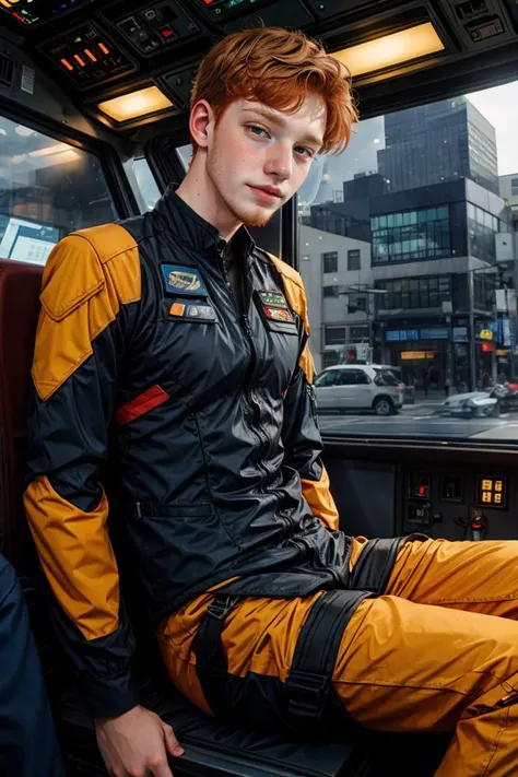 candid photograph, slender dg_Finn <lora:dg_Finn_v1:0.8> 18yo 1boy, ginger facial stubble, , homoerotic, detailed realistic face,  sitting inside a futuristic mech, pilot, hologram projections,