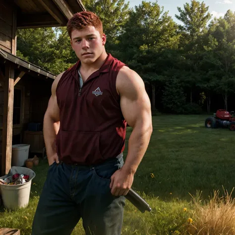 Candid photo of a bully Appalachian 20yo redneck dg_Dale boy, short dark red hair, photorealistic, hyperdetailed, <lora:dg_Dale_v1:0.8>, mowing the lawn , sharp focus