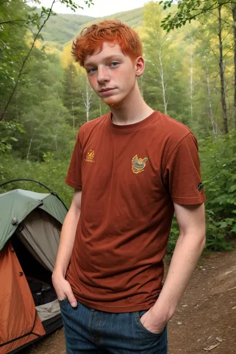 Candid photo of a (timid slim twink Appalachian 18yo dg_Finn boy brother:1.1), full body 
dark red hair, (ginger facial stubble:1.3), t-shirt, detailed, outdoors,  <lora:dg_Finn_v1:0.8>