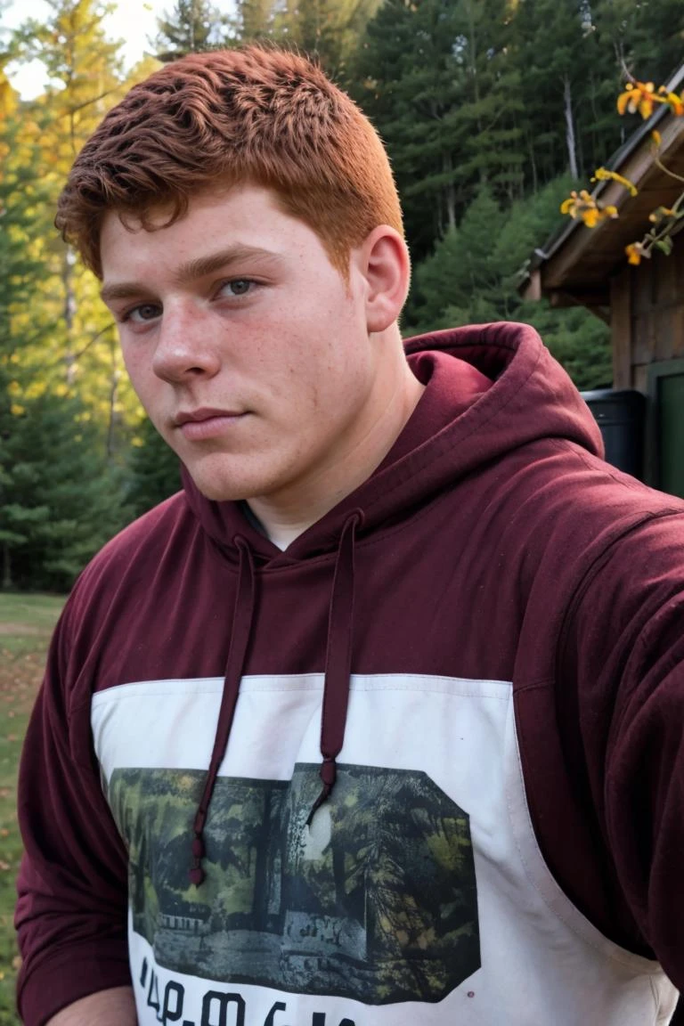 Candid photo of a (bully Appalachian redneck 20yo dg_Dale boy brother:1.1), closeup
dark red hair, hoodie, detailed, outdoors, <lora:dg_Dale_v1:0.8>