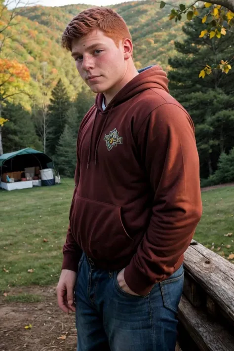 Candid photo of a (bully Appalachian redneck 20yo dg_Dale boy brother:1.1), from side 
dark red hair, hoodie, detailed, outdoors,  <lora:dg_Dale_v1:0.8>