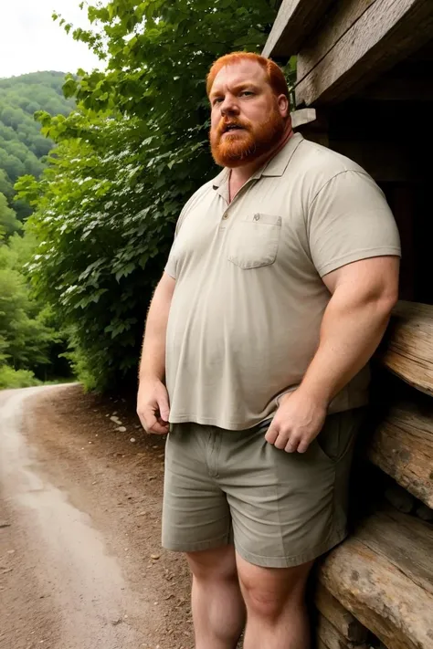 (((2heads))), 1man, david harbour, middle aged, ((fat)), (big belly), (((obese))), short graying hair, hairy, no shirt, jeans, belt, body hair, big bulge, ((overweight)), dreamy atmosphere, dark cyan and red, i can't believe how beautiful this is, serene atmosphere, epic realistic, soft cinematic light, hdr, intricate, highly detailed, (depth of field:1.4), faded, (neutral colors:1.2), (hdr:1.4), (muted colors:1.2), hyperdetailed, (artstation:1.4), cinematic, dramatic light, (intricate details:1.1), complex background, woods scenery, (rutkowski:0.66), (intricate details:1.12), hdr, (intricate details, hyperdetailed:1.15) (skin texture:1.2), detailed expressions, tired, bored, frowning