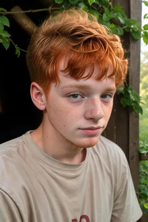 Candid photo of a (timid slim twink Appalachian 18yo dg_Finn boy brother:1.1), portrait
dark red hair, (ginger facial stubble:1.3), t-shirt, detailed, outdoors, <lora:dg_Finn_v1:0.8>