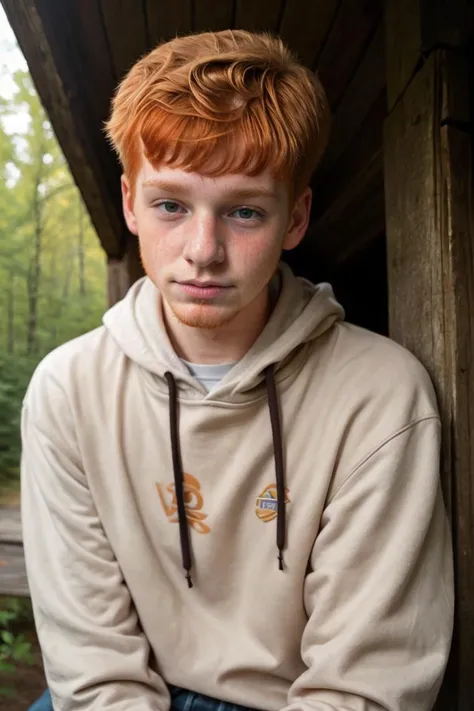 Candid photo of a (timid slim twink Appalachian 18yo dg_Finn boy brother:1.1), portrait 
dark red hair, (ginger facial stubble:1.3), hoodie, detailed, outdoors,  <lora:dg_Finn_v1:0.8>