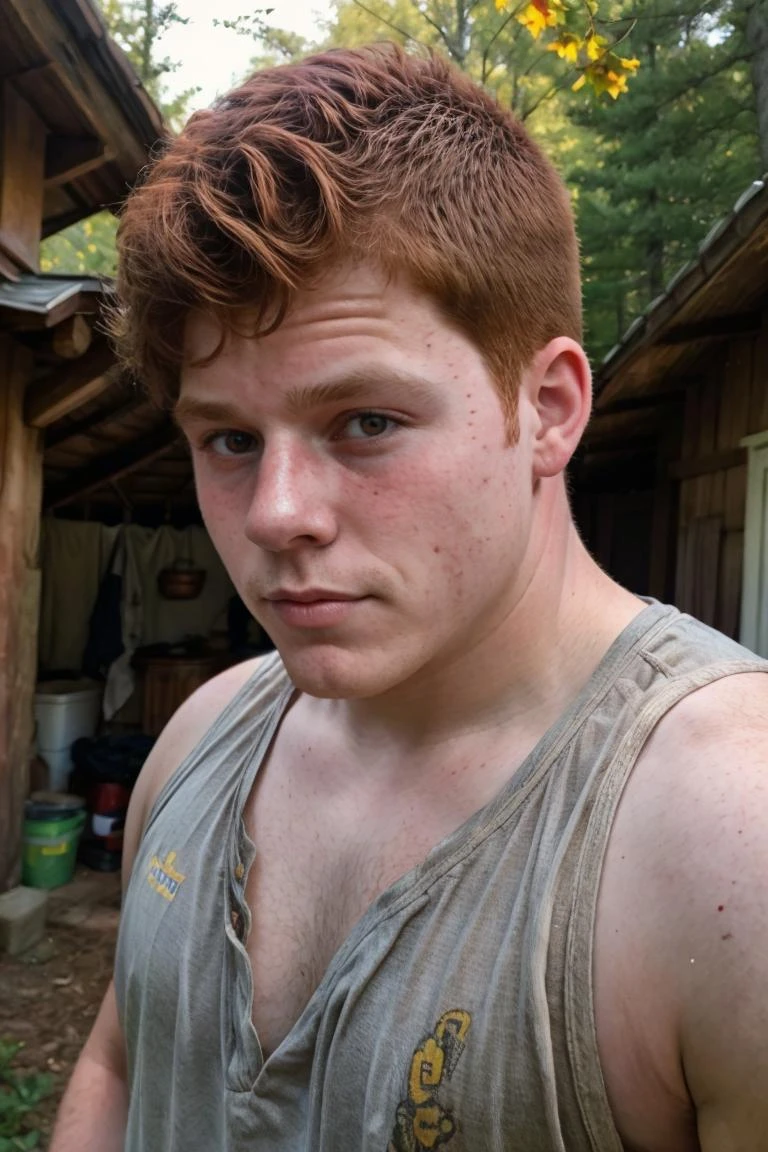 Candid photo of a (bully Appalachian redneck 20yo dg_Dale boy brother:1.1), closeup
dark red hair, t-shirt, detailed, outdoors, <lora:dg_Dale_v1:0.8>