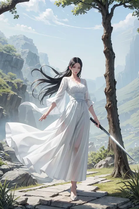 <lora:wuxiashijieV1:0.8>,1girl,holding sword,full body,outdoors,white dress,full body,scenery,under a tree