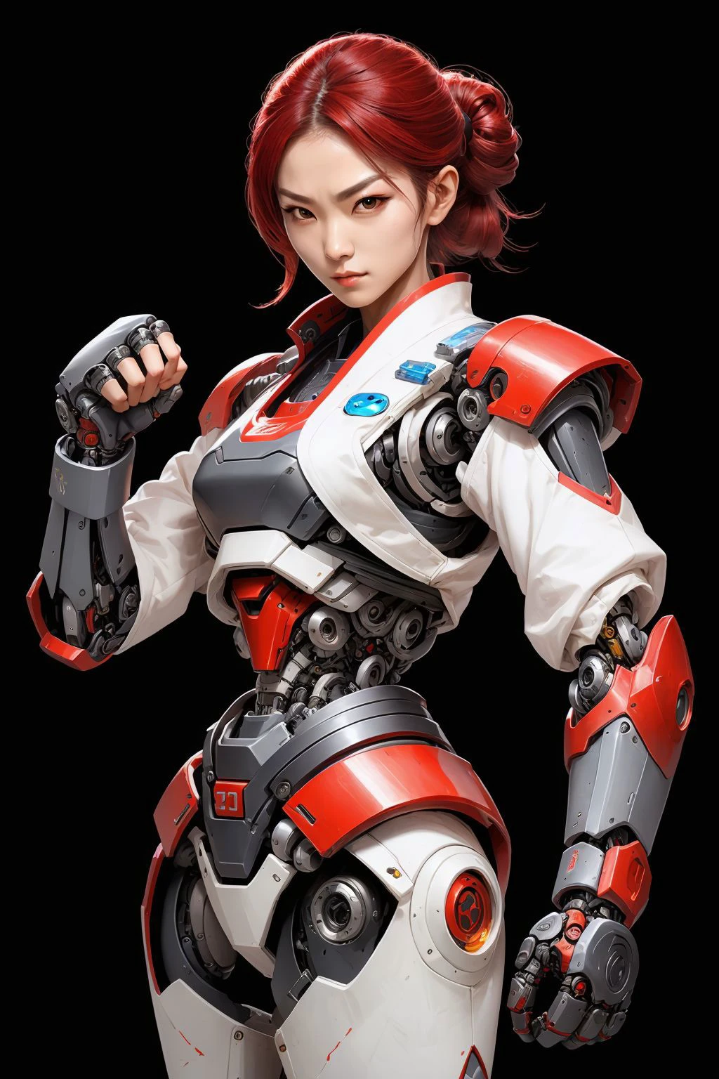 wuxia,female,robort cyborg mech fighter,wmma, gloves, martial arts, <lora:NijiExpressV2:0.2>, <lora:wmma-fC-v1:0.6>,<lora:FINALRobort:0.5>, <lora:wuxia2:0.4> , <lora:wuxiashijieV1:0.4>