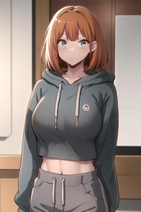 <lora:Daeun_SSG:1> daeundef, orange hair, blue eyes, short hair, looking at viewer,
upper body, standing, arms at sides, hood, :o, long sleeves, breasts, solo, drawstring, pants, large breasts, looking at viewer, midriff, bangs, grey hoodie, blush, hoodie, hood down, navel
masterpiece, best quality,