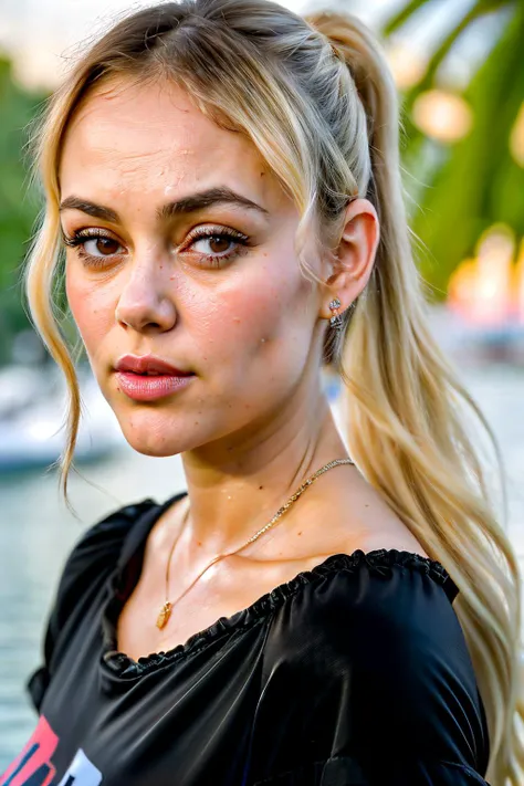 RAW, real photo portrait, pomKlem1, on a boat, (wearing a wet black t-shirt), pretty face, insanely detailed eyes, light blonde hair, high ponytail, bokeh, natural light, depth of field, golden hour, sharp focus
