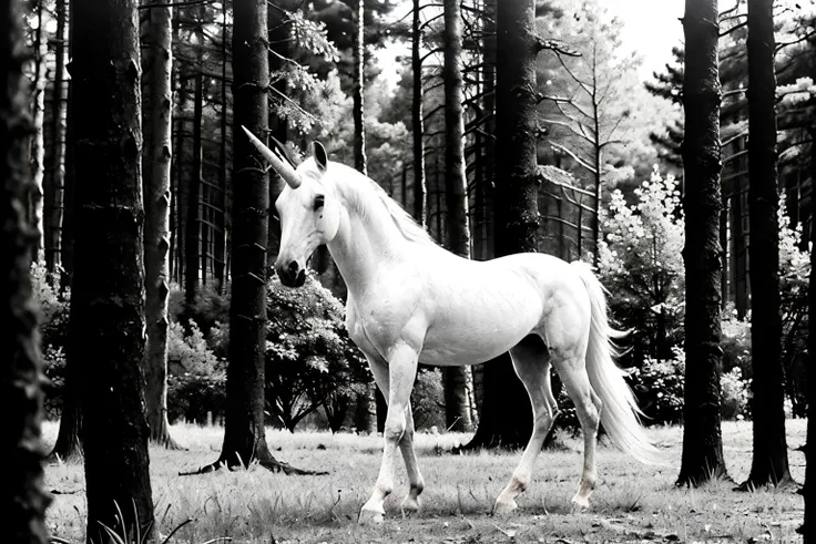 in fantasy pink forest (Realisitc:1.5) (Black and white:1.5) unicorn <lora:EdobUnicorn_v1.0:0.8>