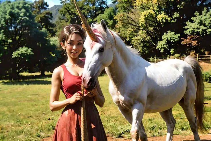(Realisitc:1.5) (Red and brown:1.5) a girl hugging a (unicorn:1.3) <lora:EdobUnicorn_v1.0:0.8>