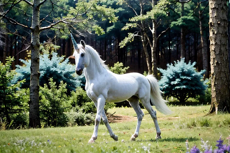 in fantasy forest (Realisitc:1.5) (Brown and blue:1.5) unicorn <lora:EdobUnicorn_v1.0:0.8>