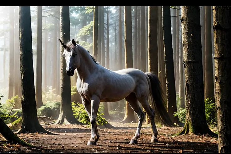 in dead forest (Realisitc:1.5) (black:1.5) unicorn <lora:EdobUnicorn_v1.0:0.8>