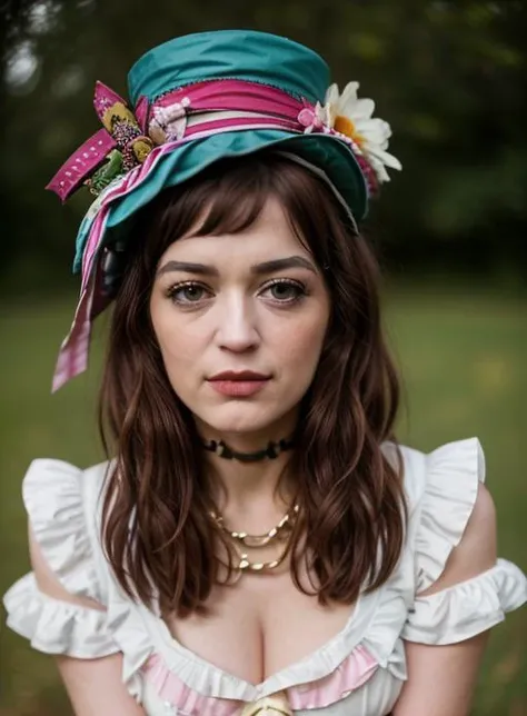 TessaFowler <lora:TessaFowler-v15-byShurik:1>clean skin
upper body
In this captivating close-up, we delve into the captivating realm of cosplay as the eccentric and charismatic Mad Hatter from Alice in Wonderland. (Best quality: 1.3) The subject's transformation is extraordinary, with a flamboyant ensemble that perfectly embodies the character's quirkiness and flair. (Detailed: 1.2) From the elaborate top hat adorned with ribbons and trinkets to the mismatched layers of colorful fabrics, every detail of the costume is meticulously crafted to capture the essence of the Mad Hatter's unconventional style. (Close-up expression: 1.3) With a mischievous twinkle in her eyes and a playful smirk on her lips, she fully embraces the character's eccentricity and unpredictability. The background is adorned with whimsical decorations and hints of Wonderland, transporting us to a world of wonder and whimsy. Through her Mad Hatter cosplay, she invites us to embrace our own uniqueness and celebrate the joy of being wonderfully different. This close-up celebrates the art of cosplay, capturing the spirit and charm of a beloved character who invites us to join the tea party of imagination and eccentricity.