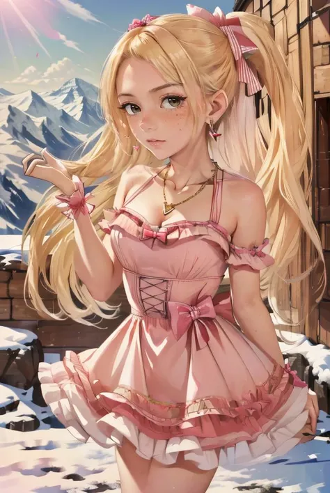 (masterpiece, best quality), female eighteen, tall, southeast asian, black eyes, flared ears, short nose, low jawline, unusual forehead, long face shape, , honey blonde dreadlocks hair, anticipation wearing high-waisted skirt, corset, slides, bow headband,, kissing pose, leaning in for a kiss with a passionate expression, conveying intimacy and desire, soft lighting, gentle, diffused light that wraps the characters in a warm and dreamy glow, a picturesque countryside, with rolling hills, green meadows, and grazing animals