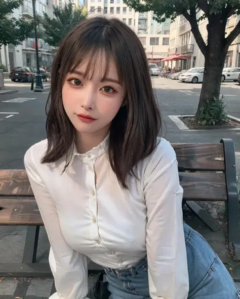 best quality, photorealistic, 8k, high res, full color, 1girl, woman, 20 years old woman, (closed mouth:1.43), (skindentation), (portrait:0.6), trees, park bench, daylight, ((park background:1.52)), full color, ((whitebuttonedshirt:1.58)), looking at viewer:1.8, (1girl eyes looking at viewer:1.55), (medium hair, brownhair, partedbangs:1.45), (bokeh),<lora:AAV-unpai:0.69>
