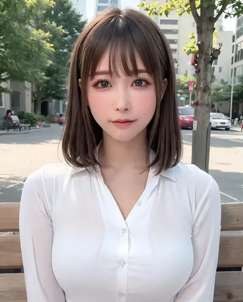 best quality, photorealistic, 8k, high res, full color, 1girl, woman, 20 years old woman, (closed mouth:1.43), (skindentation), (portrait:0.6), trees, park bench, daylight, ((park background:1.52)), full color, ((whitebuttonedshirt:1.58)), looking at viewer:1.8, (1girl eyes looking at viewer:1.55), (medium hair, brownhair, partedbangs:1.45), (bokeh),<lora:AAV-unpai:0.69>