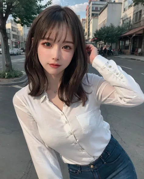best quality, photorealistic, 8k, high res, full color, 1girl, woman, 20 years old woman, (closed mouth:1.43), (skindentation), (portrait:0.6), trees, park bench, daylight, ((park background:1.52)), full color, ((whitebuttonedshirt:1.58)), looking at viewer:1.8, (1girl eyes looking at viewer:1.55), (medium hair, brownhair, partedbangs:1.45), (bokeh),<lora:AAV-unpai:0.69>