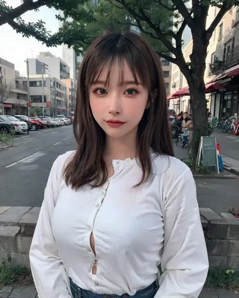 best quality, photorealistic, 8k, high res, full color, 1girl, woman, 20 years old woman, (closed mouth:1.43), (skindentation), (portrait:0.6), trees, park bench, daylight, ((park background:1.52)), full color, ((whitebuttonedshirt:1.58)), looking at viewer:1.8, (1girl eyes looking at viewer:1.55), (medium hair, brownhair, partedbangs:1.45), (bokeh),<lora:AAV-unpai:0.69>