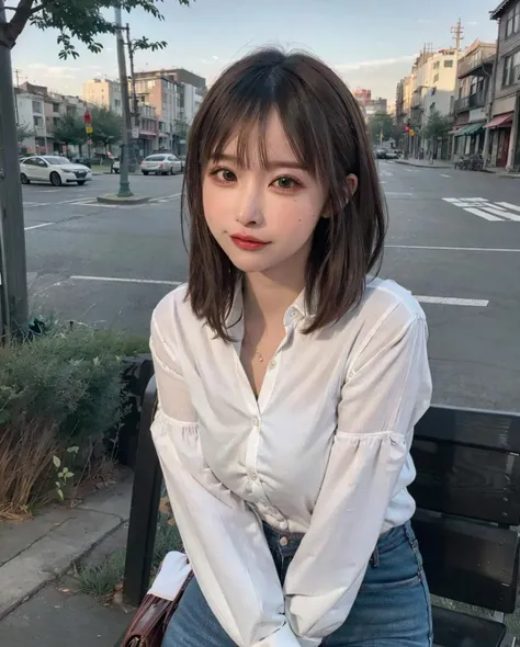 best quality, photorealistic, 8k, high res, full color, 1girl, woman, 20 years old woman, (closed mouth:1.43), (skindentation), (portrait:0.6), trees, park bench, daylight, ((park background:1.52)), full color, ((whitebuttonedshirt:1.58)), looking at viewer:1.8, (1girl eyes looking at viewer:1.55), (medium hair, brownhair, partedbangs:1.45), (bokeh),<lora:AAV-unpai:0.69>