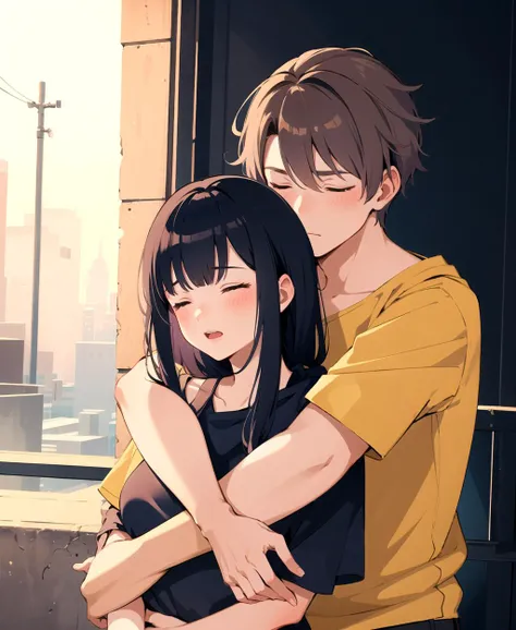 (masterpiece),( high quality), (highres,Highest picture quality), absurdres, 1girl, 1boy, girl closed eyes, boy hugging girl from behind,hug from behind, outdoor