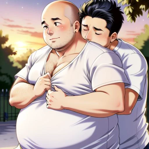 masterpiece,best quality,highres,(mature_male:1.2),<lora:weight_slider_v2:1.5>,2boys,outdoors,blush,t-shirt,hug,hug from behind,cleavage,white shirt,<lora:HUGGY-000008:0.7>,love,
in a park,gay,male focus,bald hair,
at night,(hairy:1.2),<lora:qiaotai:0.4>,nipples,plump,belly,fat,male focus,