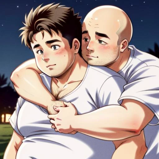 masterpiece,best quality,highres,(mature_male:1.2),<lora:weight_slider_v2:1.5>,2boys,outdoors,blush,t-shirt,hug,hug from behind,cleavage,white shirt,<lora:HUGGY-000008:0.7>,love,
in a park,gay,male focus,bald hair,
at night,(hairy:1.2),<lora:qiaotai:0.4>,nipples,plump,belly,fat,male focus,