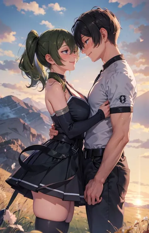shy, blush,smile, happy face, large breasts, thick thighs, field background, mountains, clouds, golden hour, show cleavage,
1girl , 1boy black hair, size difference, standing, woman,
ubel, long hair, side ponytail,
<lora:ubel_v1:1> <lora:HugsLoraV1.0:1>