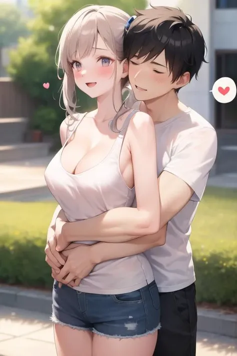 masterpiece, best quality, highres, best quality, hyper detailed
medium breasts, mature_women, mature_female, 1girl, (mature_male:1.2), happy, smile,
1boy, outdoors, blush,t-shirt, side ponytail, tank top, hug, hug from behind, cleavage, spoken hearts squiggle, white shirt, <lora:HUGGY:0.7>